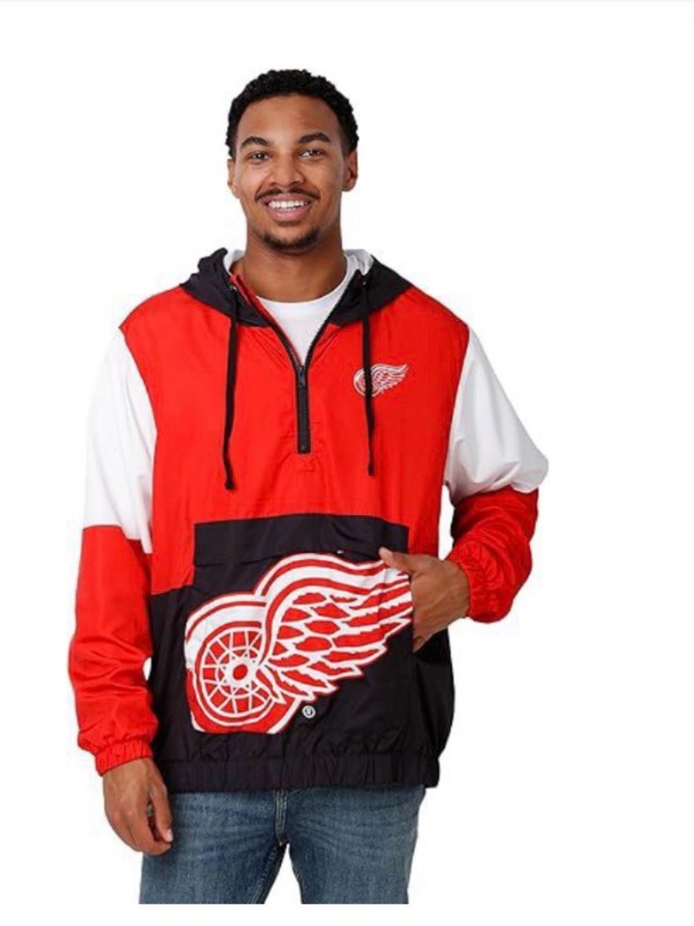 Men's Red & Black Pullover Hockey Windbreaker Jacket Detroit red wings